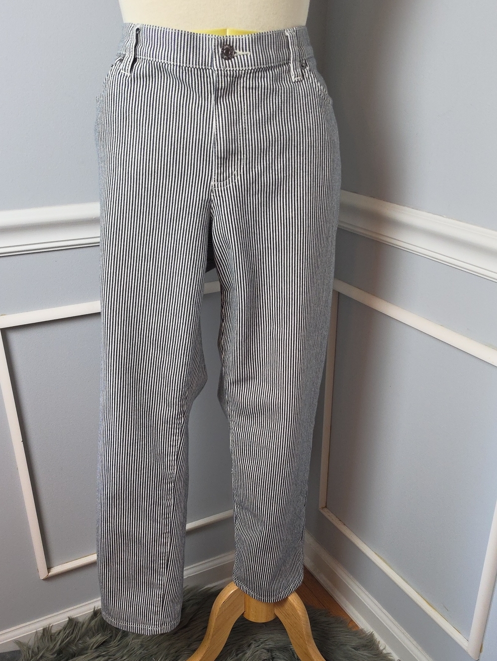 LAUREN RALPH LAUREN Blue Black Stripe Stretch Cropped Ankle Straight Leg Jean 16